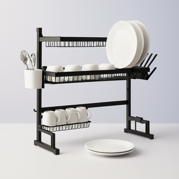 Escurridor de Platos Doble Nivel, Negro y Elegante