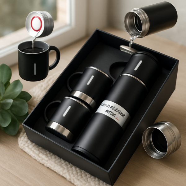Set de Termo y Tazas en Negro con Detalles Metálicos