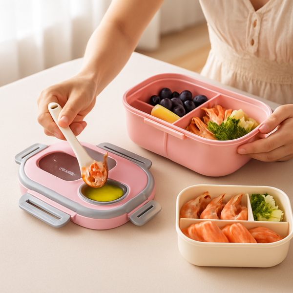 Lonchera rosada de 3 piezas para comidas organizadas