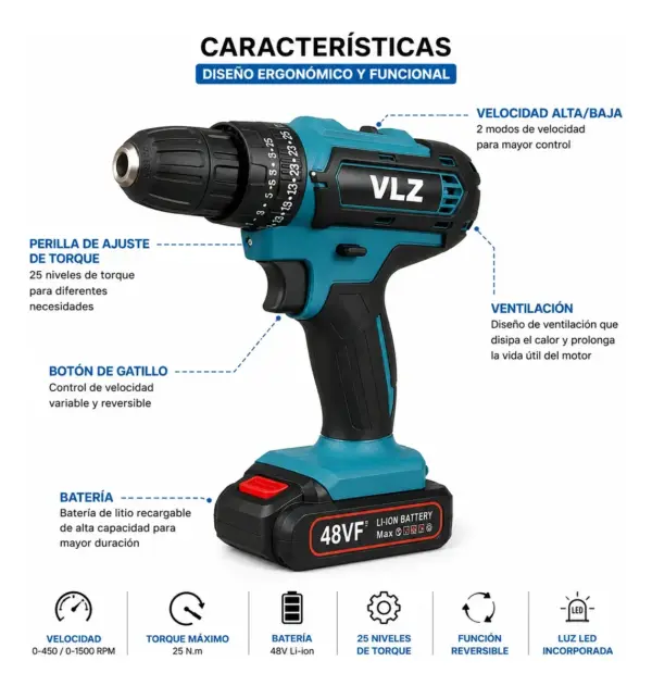 Taladro Inalámbrico BOASHI 48V con Doble Batería