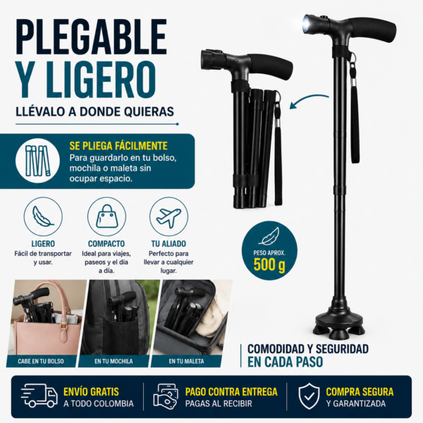 Bastón plegable con luz LED y base estable
