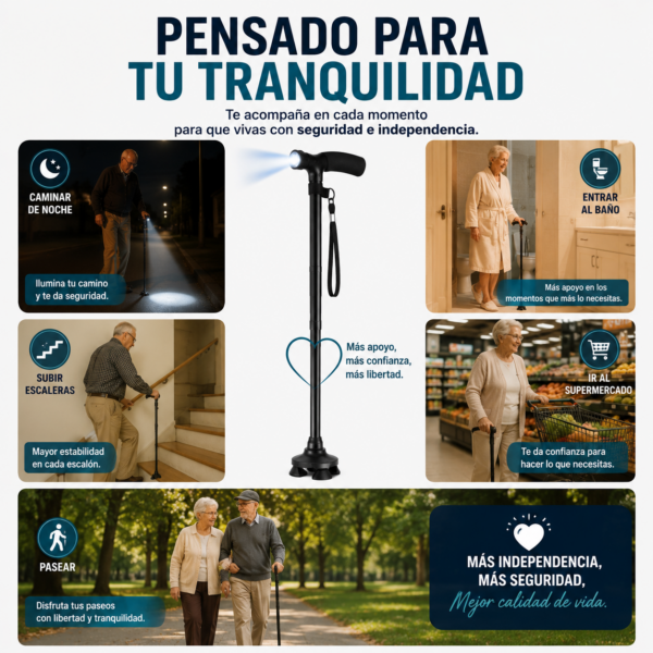 Bastón plegable con luz LED y base estable