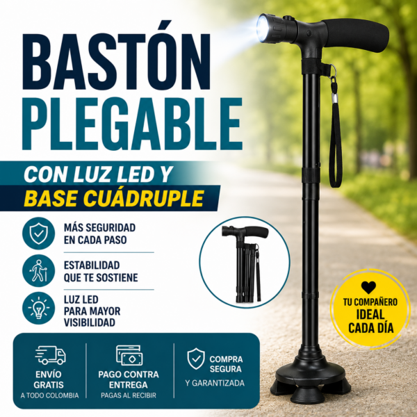 Bastón plegable con luz LED y base estable