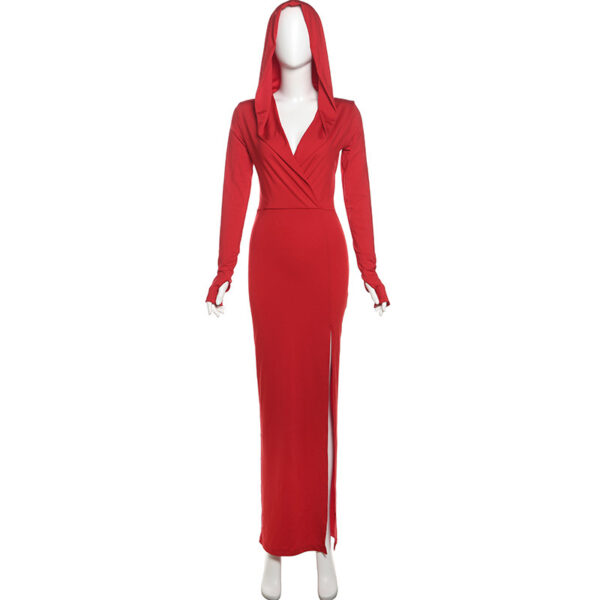 ¡Descubre el Elegante Vestido Ajustado con Capucha y Escote en V! Diseño con Abertura Lateral para un Toque Chic y Moderno.