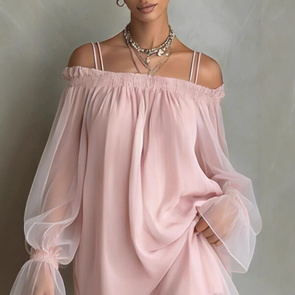 ¡Deslumbra este Verano con Nuestro Encantador Vestido Off Shoulder de Doble Tirante! Vestido Mini Fairy con Manga Larga de Malla Transparente – Perfecto para Lucir Sexy y Chic.