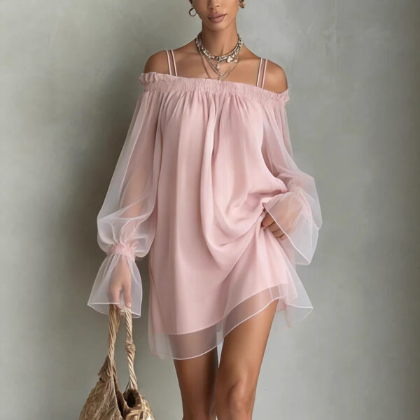 ¡Deslumbra este Verano con Nuestro Encantador Vestido Off Shoulder de Doble Tirante! Vestido Mini Fairy con Manga Larga de Malla Transparente – Perfecto para Lucir Sexy y Chic.