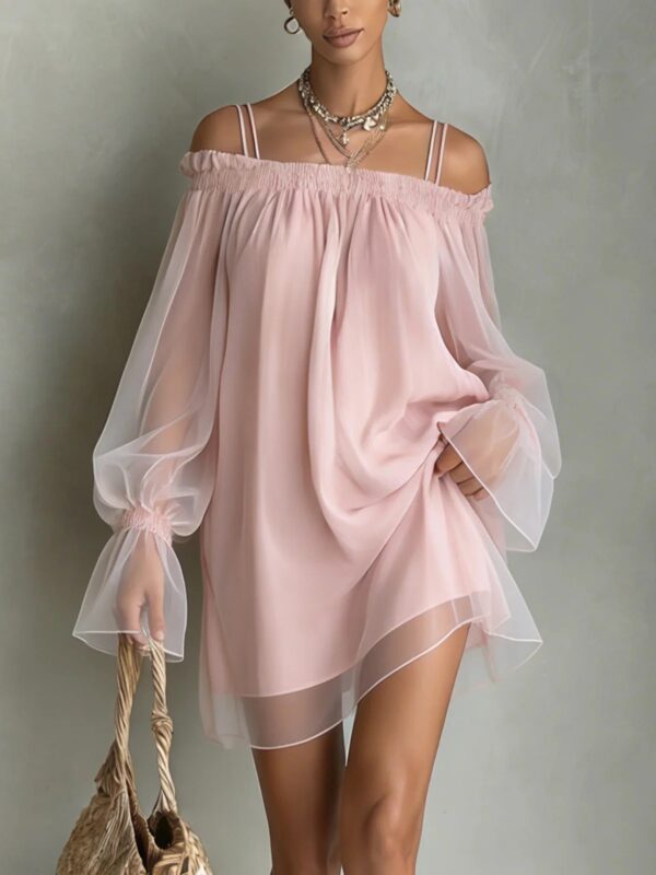 ¡Deslumbra este Verano con Nuestro Encantador Vestido Off Shoulder de Doble Tirante! Vestido Mini Fairy con Manga Larga de Malla Transparente – Perfecto para Lucir Sexy y Chic.