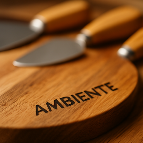 Set de tabla de quesos con cuchillos de madera y mármol