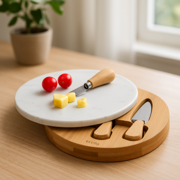 Set de tabla de quesos con cuchillos de madera y mármol