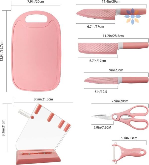 Set de cuchillos y utensilios de cocina rosa con soporte