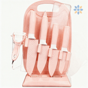 Set de cuchillos y utensilios de cocina rosa con soporte